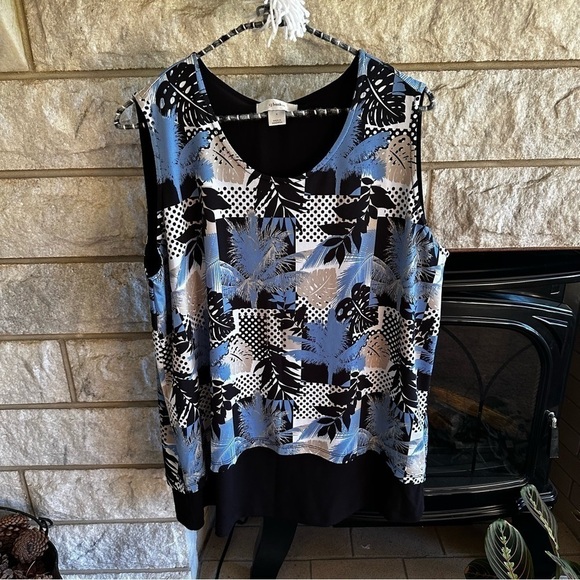 CJ Banks tropical print layered sleeveless blouse size X blue tan black - Picture 1 of 9